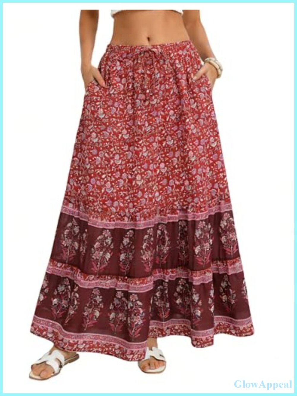 Floral Tiered Maxi Skirt with Pockets, A-Line High Rise, Summer Beach Vacation